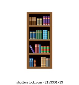 Bookcase with books isolated on white background. Brown wooden bookcases in flat style. Vector stock