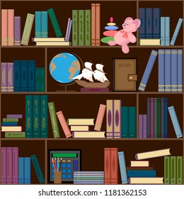 Bookcase, books on the shelves. Seamless pattern. Vector illustration.