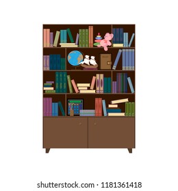 Bookcase, books on the shelves. Vector illustration.