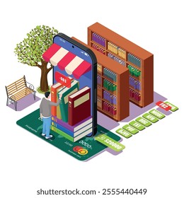 A bookcase with books on a smartphone. An electronic library in a mobile phone. Reading outdoors