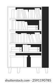 Bookcase with books and storage boxes black and white 2D line object. Bookshelves knowledge. Office furniture. Organized shelves isolated clip art vector outline item. Monochromatic spot illustration