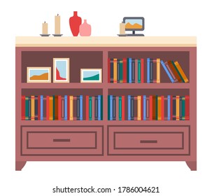 Bookcase with books and vases in room interior. Home library with literature illustration. Furniture and equipment for workplace. Cabinet with drawers and decorative elements, candles, photo frames