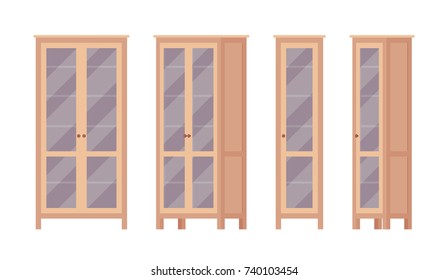 Bookcase in brown. Shelf storage unit, practical piece of furniture with natural wood effect. Vector flat style cartoon illustration isolated on white background