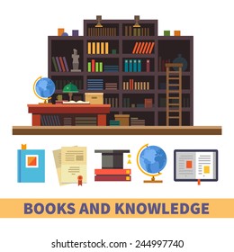 Bookcase. Cabinet and library. Books and knowledge. Vector flat illustration and icon set