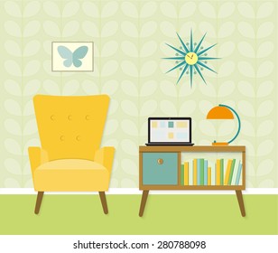 Bookcase and chair with lamp. Flat style vector illustration.