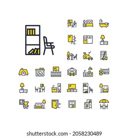 Bookcase and chair line icon in set on the white background. Two-color high quality outline symbol for web design or mobile app.