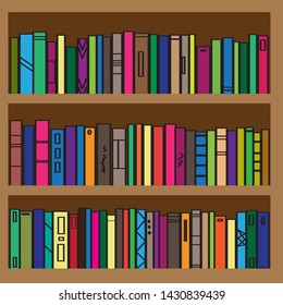 Bookcase. Collection of bright books and textbooks. Vector illustration.