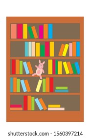 Bookcase with colorful books and funny hare, vector illustration.