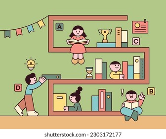 bookcase concept. Cute children reading books in the library. Icon style character design poster.