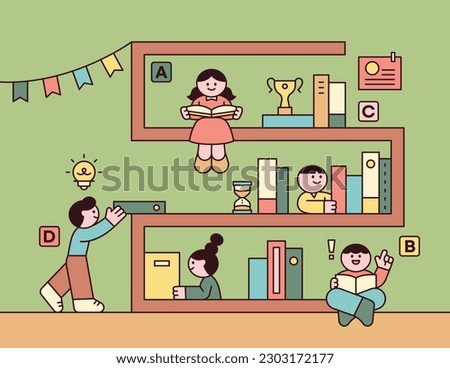 bookcase concept. Cute children reading books in the library. Icon style character design poster.
