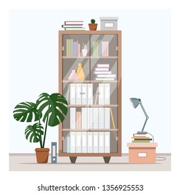 Bookcase. Documents, books, office. Flat style vector illustration.