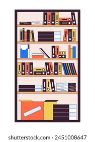 Bookcase filled with folders and boxes 2D linear cartoon object. Office shelving unite with supplies isolated line vector element white background. Interior design color flat spot illustration