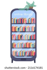 Ein Bücherregal in Form eines Smartphones. Ein Handy mit Bücherregalen drinnen. Online-Bibliothek über Smartphone-App. Vektorgrafik im flachen Stil, einzeln auf weißem Hintergrund.