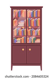 A bookcase with glass doors. There are books on the shelves in the closet. Vector illustration, isolated on white background