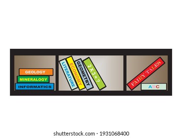 Bookcase, group of books on the shelf, vector illustration