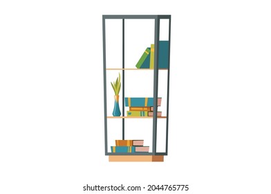Bookcase for home library. Books plants on the shelves for wall in cartoon style. Vector illustration isolated on white background