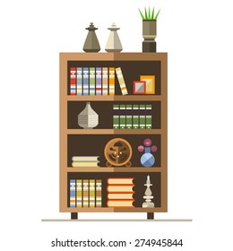 Bookcase. Home library or bookstore. Learning and knowledge. School, university. Vector  flat illustration