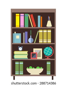 Bookcase. Home library or bookstore. Learning and knowledge. School, university. Vector flat illustration.  Decorating zone . Vector flat  illustrations. The graphics for games