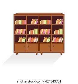 Bookcase. Home library or bookstore. Learning and knowledge. Vector flat illustration isolated on white background.