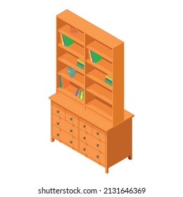Bookcase icon isometric vector. New wooden bookcase with book and locker icon. Home furniture, modern interior