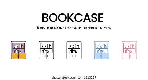 Bookcase icons set in different style vector stock illustration