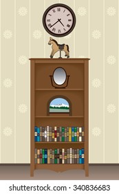 Bookcase in living room with knick knacks and books under a clock