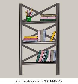 Bookcase, loft shelving with books. Library, school, reading, education. All items are separate. Isolated vector objects.