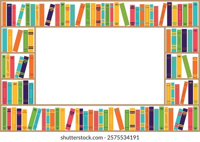 Bookcase with multi-colored book spines. Isolated vector illustration in flat style.