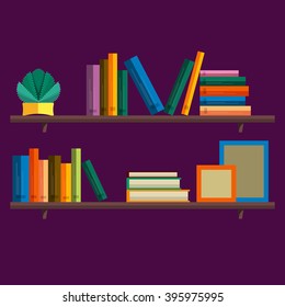 a bookcase near the wall with colorful books to study on his shelves, cactus and photo frames vector illustration in a flat style