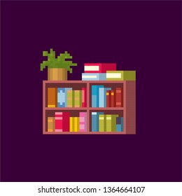 bookcase. Pixel art. Old school computer graphic. Element design stickers, logo, mobile app, menu. 8 bit video game. Game assets 8-bit sprite. 16-bit.
