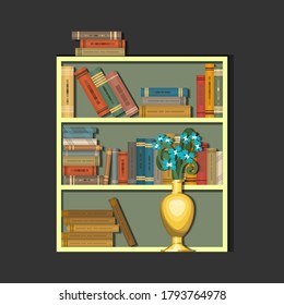 A bookcase, a shelf, a library cabinet with books and a large vase of flowers in the front. Vector illustration