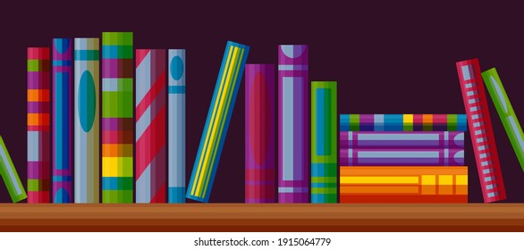 Bookcase shelf seamless pattern. Horizontal pattern with books in cartoon style. Vector illustration on dark background