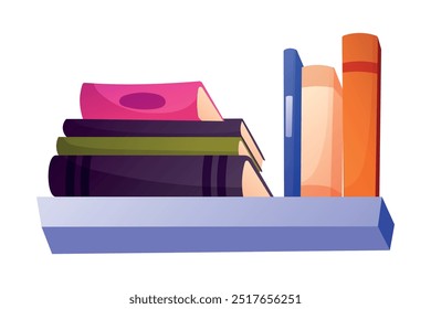 Estante de la biblioteca con la pila de libros coloridos. Vector aislado en ilustración de dibujos animados blancos. Concepto de Biblioteca del hogar.