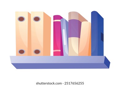 Estante de la biblioteca con la pila de libros coloridos. Vector aislado en ilustración de dibujos animados blancos. Concepto de Biblioteca del hogar.