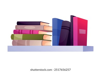 Estante de la biblioteca con la pila de libros coloridos. Vector aislado en ilustración de dibujos animados blancos. Concepto de Biblioteca del hogar.