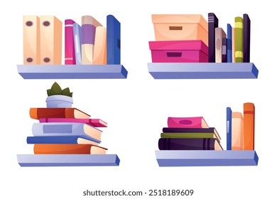 Estante de la biblioteca con la pila de libros coloridos. Vector aislado en el sistema blanco de la ilustración de la historieta. Concepto de Biblioteca del hogar.