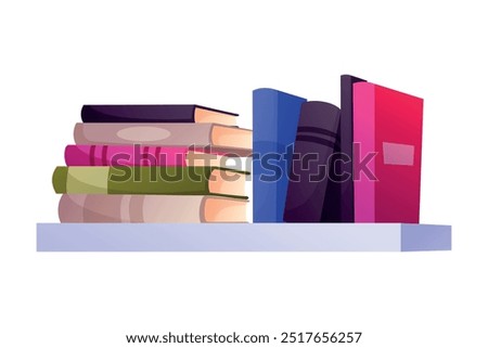 Bookcase shelf with stack of colorful books. Vector isolated on white cartoon illustration. Home library concept.
