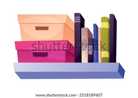 Bookcase shelf with stack of colorful books and boxes. Vector isolated on white cartoon illustration. Home library concept.
