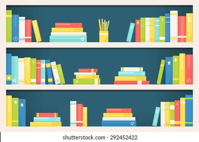 Estantes de librería con Libros de Distinto Tamaño y Color. Vector EPS 10.