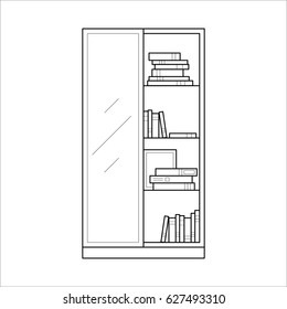 Bookcase with shelves and glass door, home furniture lineart design, hand drawn sketch of single object, interior concept, vector illustration on white background