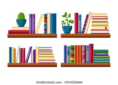 Bookcase shelves with potted plants. Bestseller books stack in cartoon style. Vector illustration isolated on white background