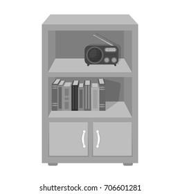 A bookcase with shelves and a radio receiver. Furniture and interior single icon in monochrome style Isometric vector symbol stock illustration web.