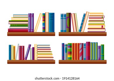 Bookcase shelves set. Bestseller books stack in cartoon style. Vector illustration isolated on white background