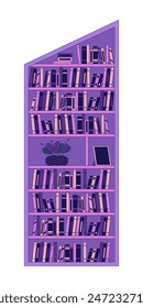 Bookcase for slanted ceiling 2D linear cartoon object. Angled bookshelves with literature isolated line vector element white background. Home interior furniture color flat spot illustration