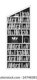 Bookcase for slanted ceiling black and white 2D line cartoon object. Angled bookshelves with literature isolated vector outline item. Home interior furniture monochromatic flat spot illustration