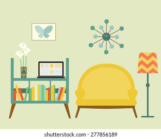 Bookcase and sofa with lamp. Flat style vector illustration.