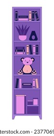 Bookcase tower for kids bedroom 2D linear cartoon object. Child bookshelves furniture isolated line vector element white background. Children bookshelf. Toy storage rack color flat spot illustration