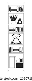 Bookcase tower for kids bedroom black and white 2D line cartoon object. Bookshelves furniture isolated vector outline item. Children bookshelf. Toy storage rack monochromatic flat spot illustration