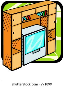 Ein Bücherregal mit Fernseher.Pantone-Farben.Vektorgrafik