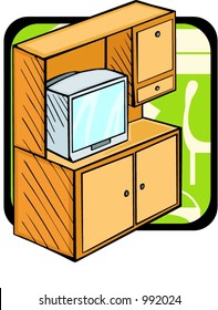 Un librero con TV set.Colores Pantone.Ilustración vectorial
